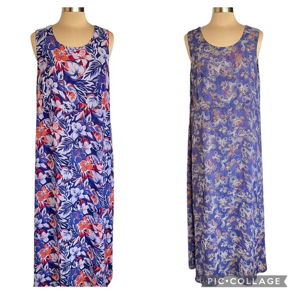 Blue Red Floral Reversible Chiffon Maxi Dress Sleeveless Size 1X Summer Vacation - Picture 1 of 10